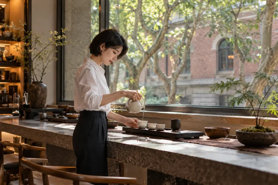 都市茶室场景，白瓷茶具与倒茶动作